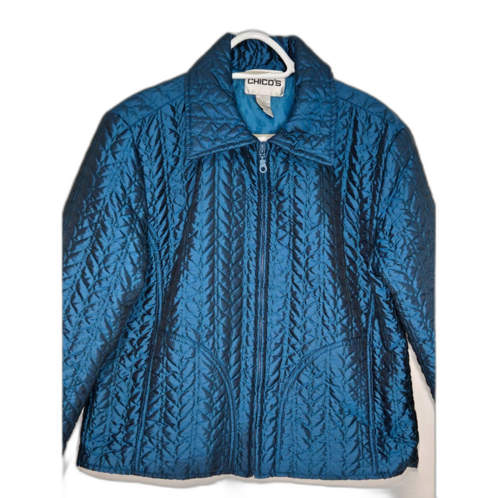 Chico's Quilted Iridescent Zip Up Jacket | Women's Size 1 (Medium) | Teal Blue